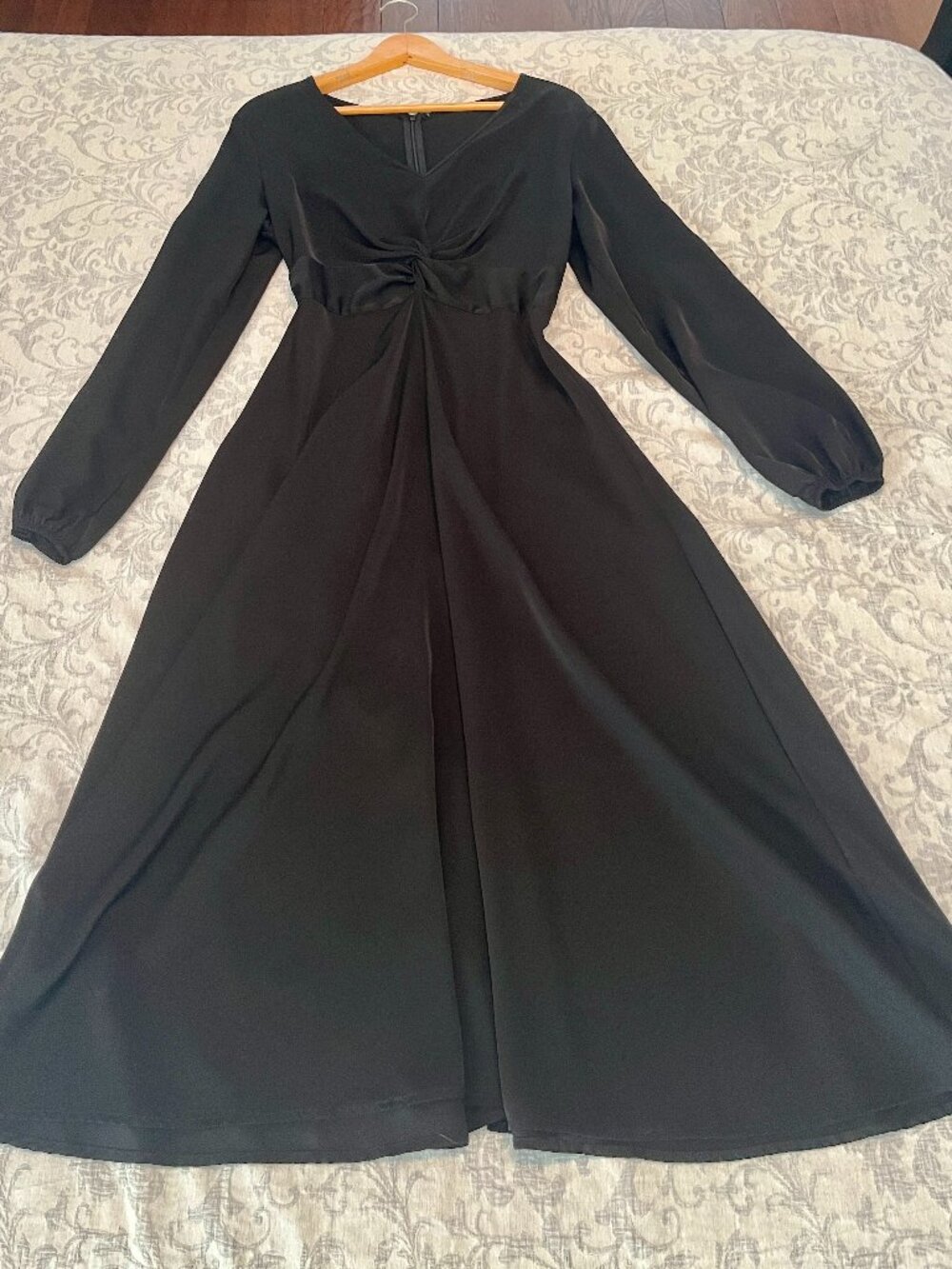 Silky, Satiny Black Long Sleeve, T-length Dress - M